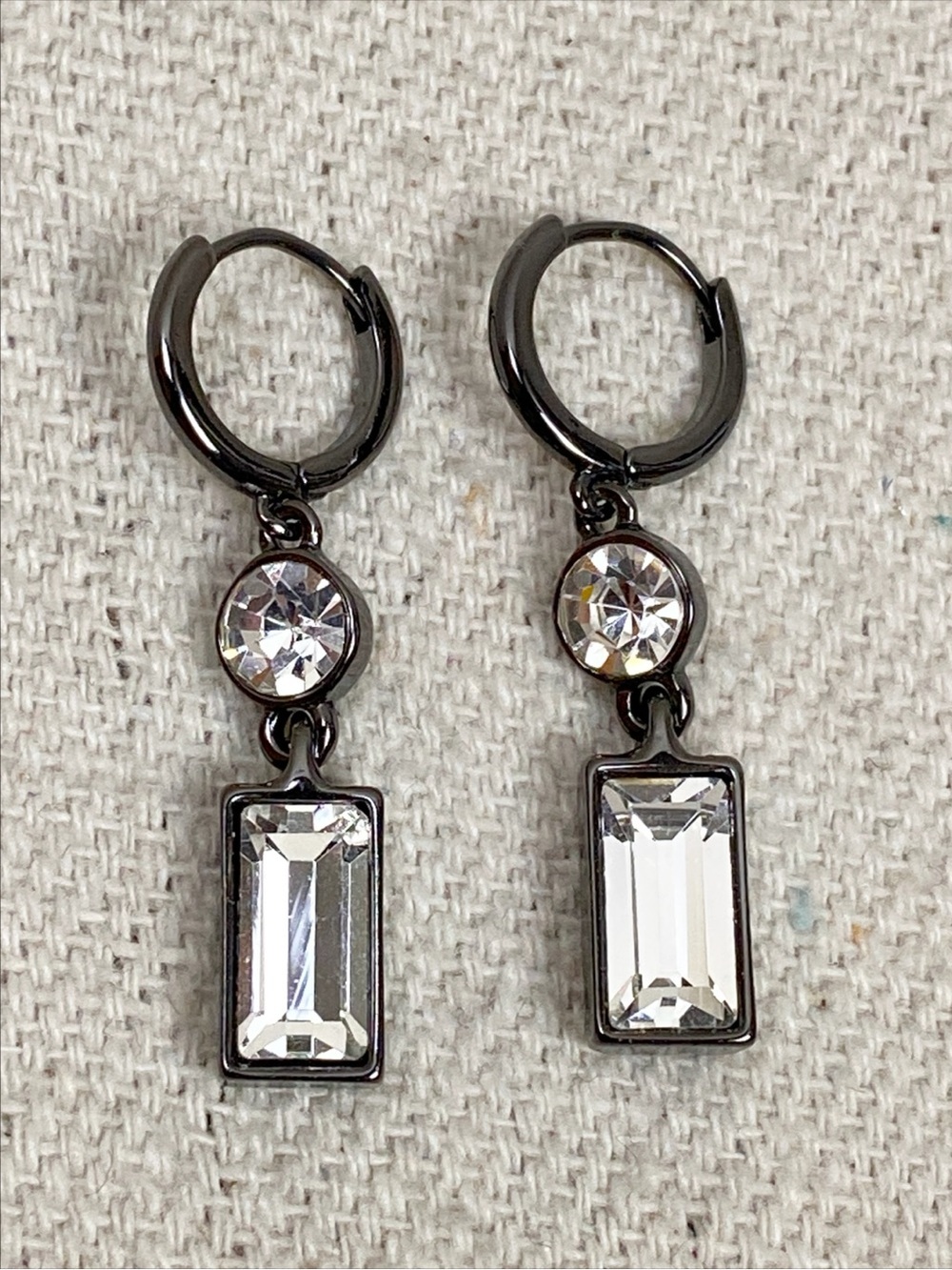 Karl Lagerfeld Black Gunmetal Drop Earrings with Clear Crystals